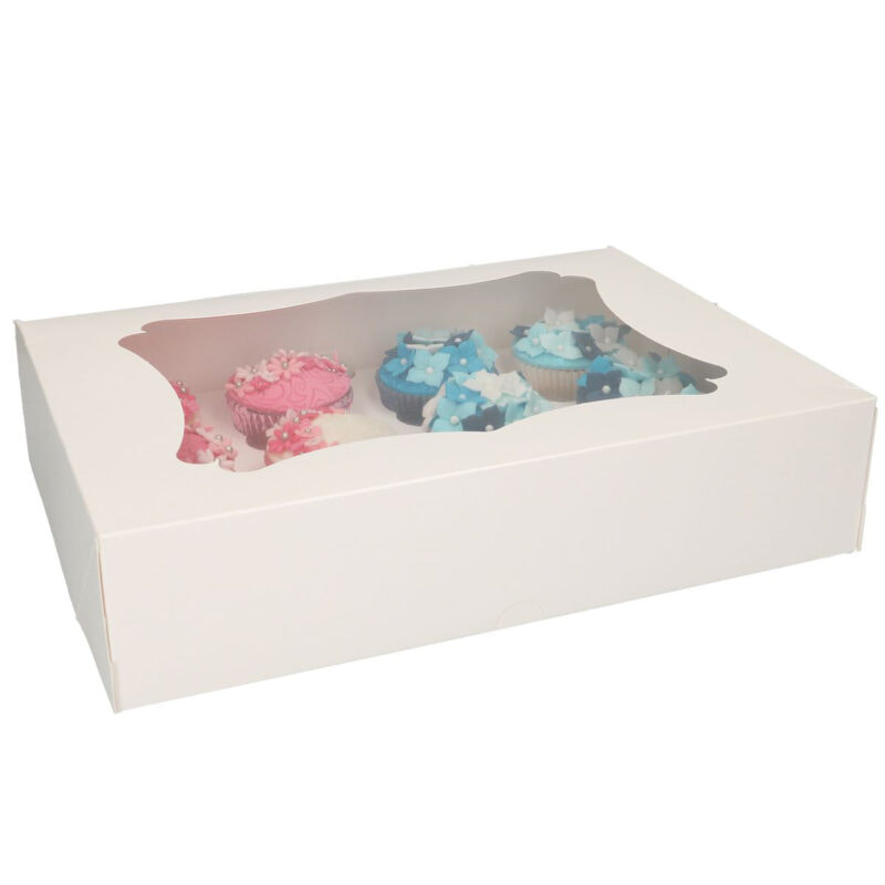 Muffinikarp sisealusega 12tk 33×24×7,5cm valge karp läbipaistva aknaga muffinite transportimiseks
